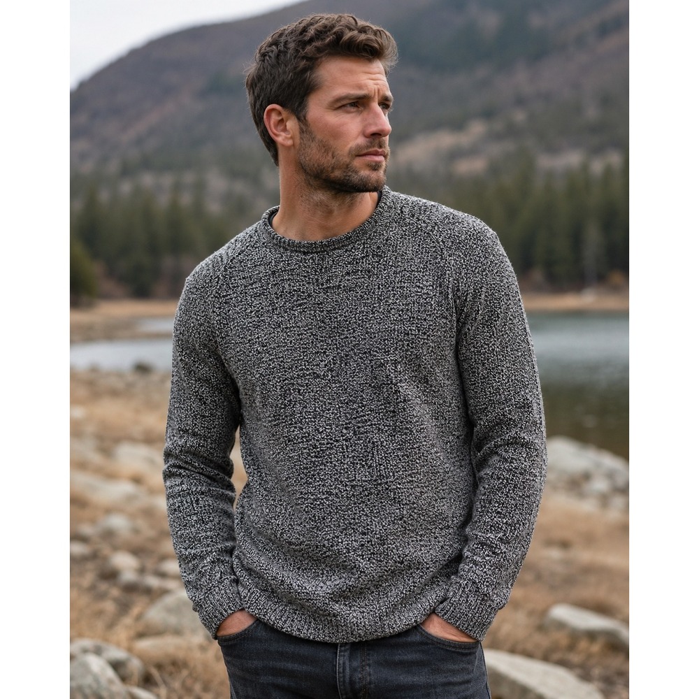 Abercrombie & Fitch Men XL Marled Cotton Knit Sweater Black White Rugged Fitting